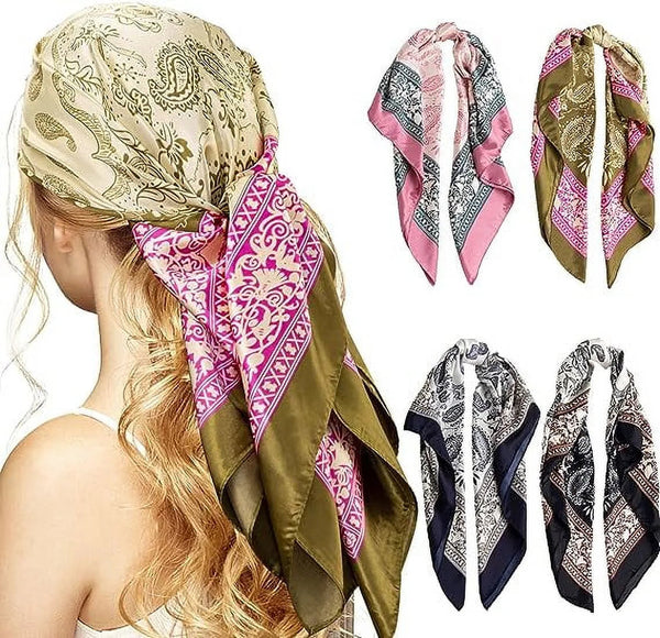 4-Pack 35” Satin Square Head Scarves – Silk-Feel Neck & Hair Wraps for Women – Lightweight, Versatile & Stylish for Day and Night Use
