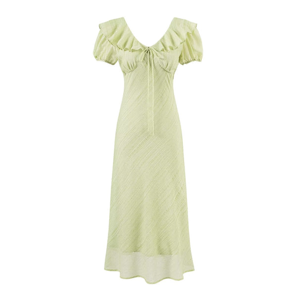 Tea Break Green Dress Women Summer Gentle Ruffled Waist Controlled V neck Dress