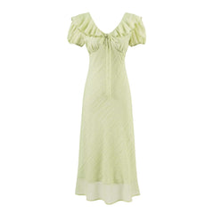 Tea Break Green Dress Women Summer Gentle Ruffled Waist Controlled V neck Dress
