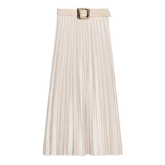 Women Clothing with Belt Suede Effect Pleated Midi Skirt