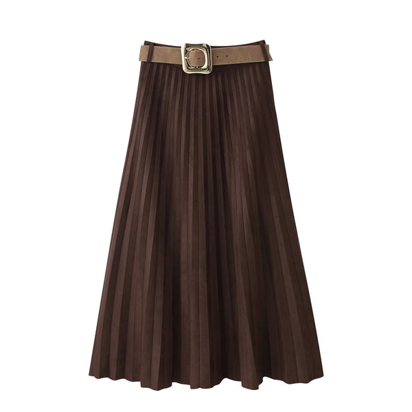 Women Clothing with Belt Suede Effect Pleated Midi Skirt