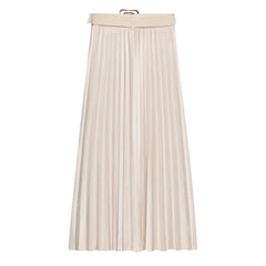 Women Clothing with Belt Suede Effect Pleated Midi Skirt