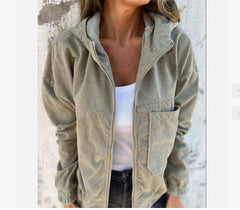 Women’s Corduroy Hooded Zip-Up Jacket Casual Drawstring Outerwear