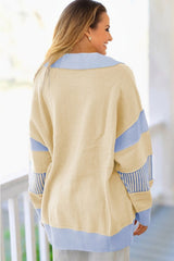 Stripe Colorblock Collared Drop Shoulder Sweater