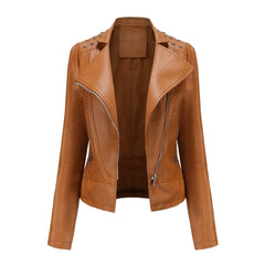 Women’s Beaded Leather Lapel Motorcycle Jacket Long Sleeve Fashion
