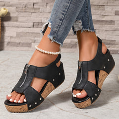 Women's Retro Wedge Sandals Open Toe, Zipper Closure