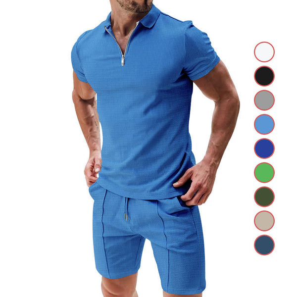 Men’s Summer Waffle 2Pcs Casual Zipper Top Drawstring Shorts Set