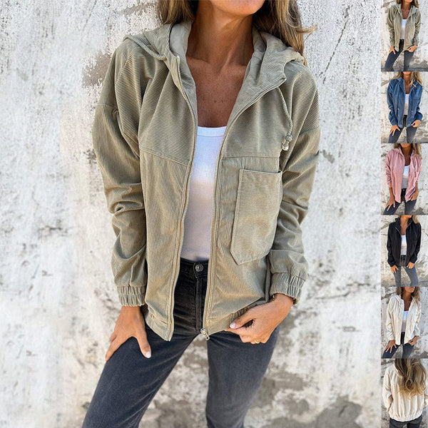 Women’s Corduroy Hooded Zip-Up Jacket Casual Drawstring Outerwear
