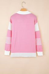 Stripe Colorblock Collared Drop Shoulder Sweater