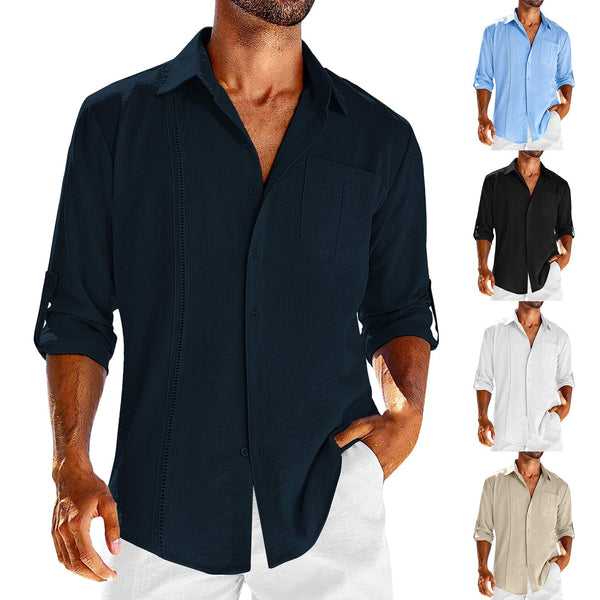 Men’s Casual Long Sleeve Polo Shirt Solid Color Pocket Buttoned