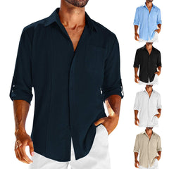 Men’s Casual Long Sleeve Polo Shirt Solid Color Pocket Buttoned