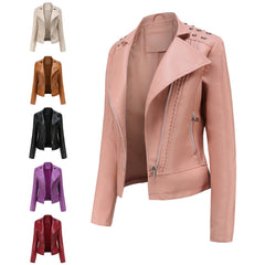 Women’s Beaded Leather Lapel Motorcycle Jacket Long Sleeve Fashion