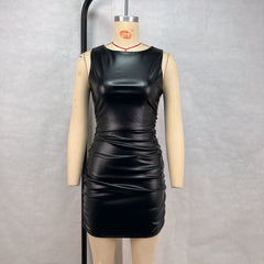 Women’s Slim Fit Sleeveless Leather Sheath Dress Nightclub Wear