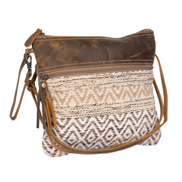 Myra Contentent Aztec Canvas Sling Bag Brown Leather Trim