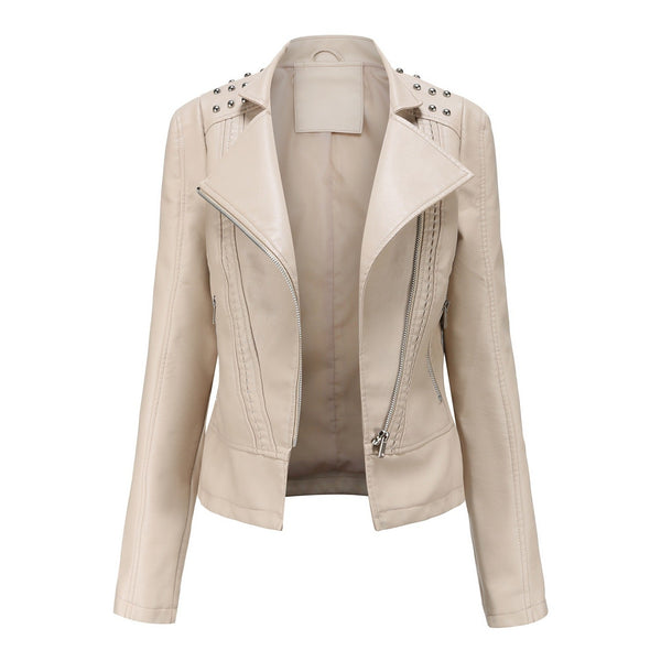 Women’s Beaded Leather Lapel Motorcycle Jacket Long Sleeve Fashion