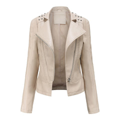 Women’s Beaded Leather Lapel Motorcycle Jacket Long Sleeve Fashion