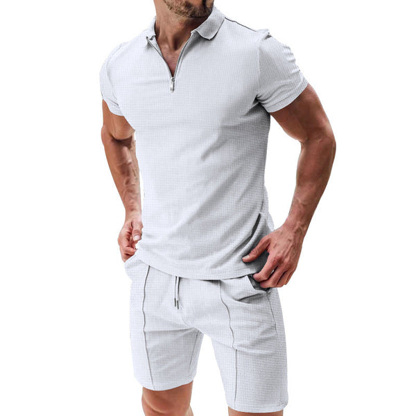 Men’s Summer Waffle 2Pcs Casual Zipper Top Drawstring Shorts Set