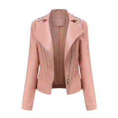 Women’s Beaded Leather Lapel Motorcycle Jacket Long Sleeve Fashion